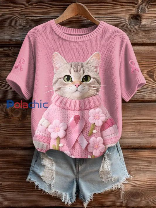 T shirt Décontracté Femme Chat Rose Ruban Imprimé Rose / S