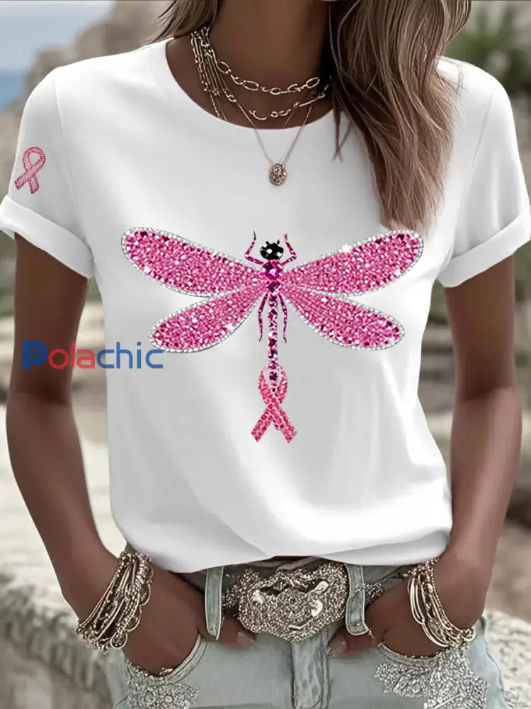 T shirt Décontracté Femme Imprimé Ruban Rose Blanc / S