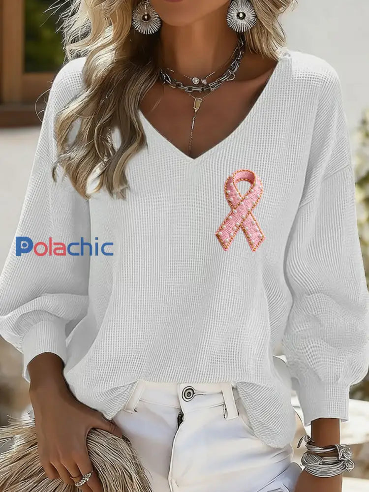 T-shirt Décontracté Femme Imprimé Ruban Rose Blanc / S