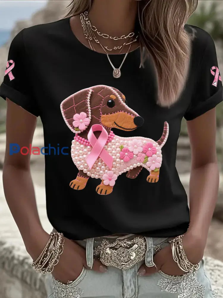 T-shirt Décontracté Femme Imprimé Ruban Rose Noir / S