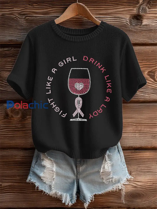 T shirt Décontracté Femme Imprimé Ruban Rose Noir / S