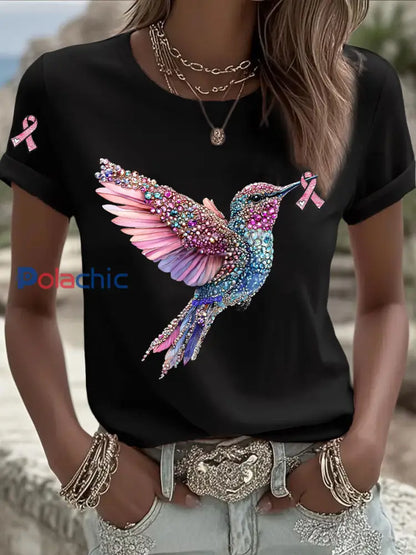 T-shirt Décontracté Femme Imprimé Ruban Rose Noir / S