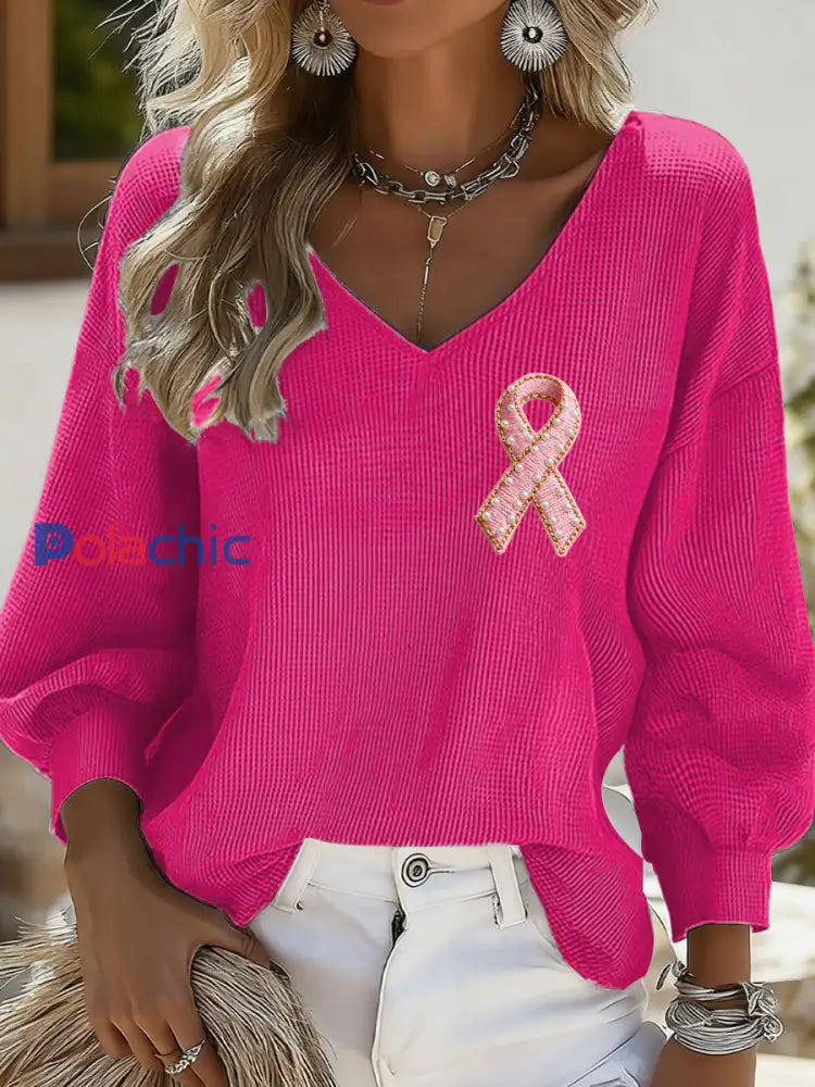T-shirt Décontracté Femme Imprimé Ruban Rose Rose Rouge / S