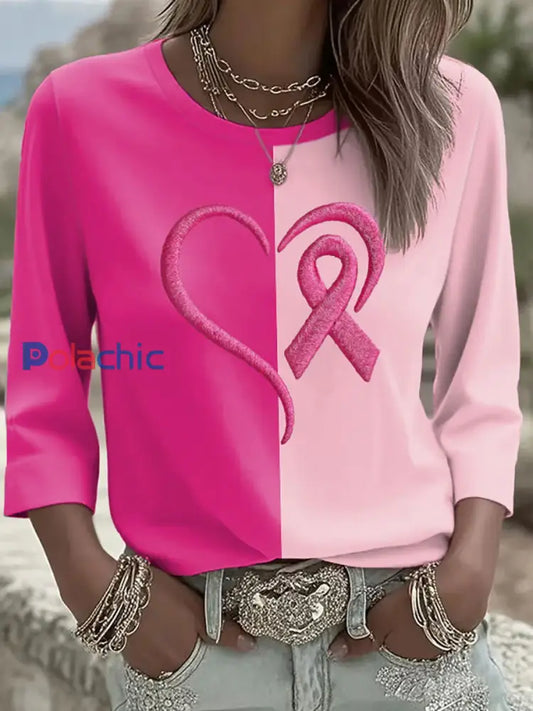 T shirt Décontracté Femme Imprimé Ruban Rose Rose / S