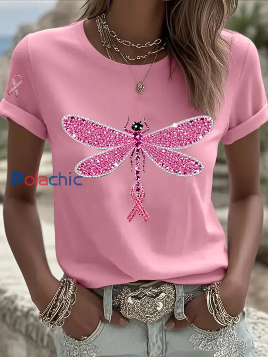 T shirt Décontracté Femme Imprimé Ruban Rose Rose / S