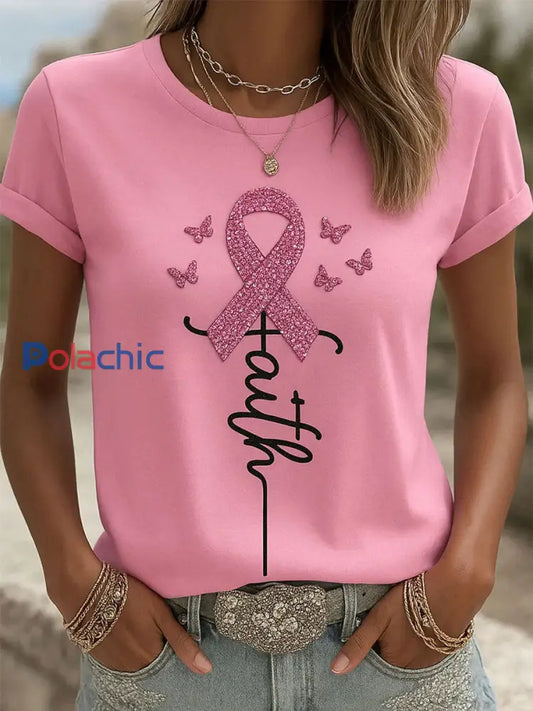 T shirt Décontracté Femme Imprimé Ruban Rose Rose / S