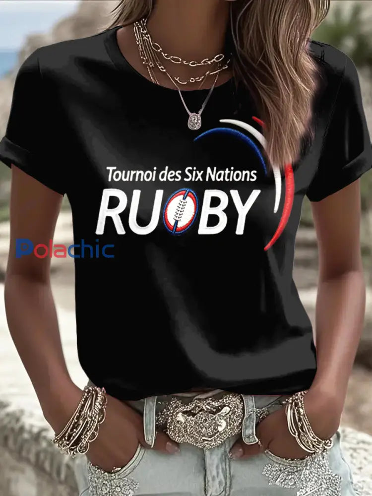 T-shirt décontracté femme inspiré du rugby français imprimé noir Noir / S