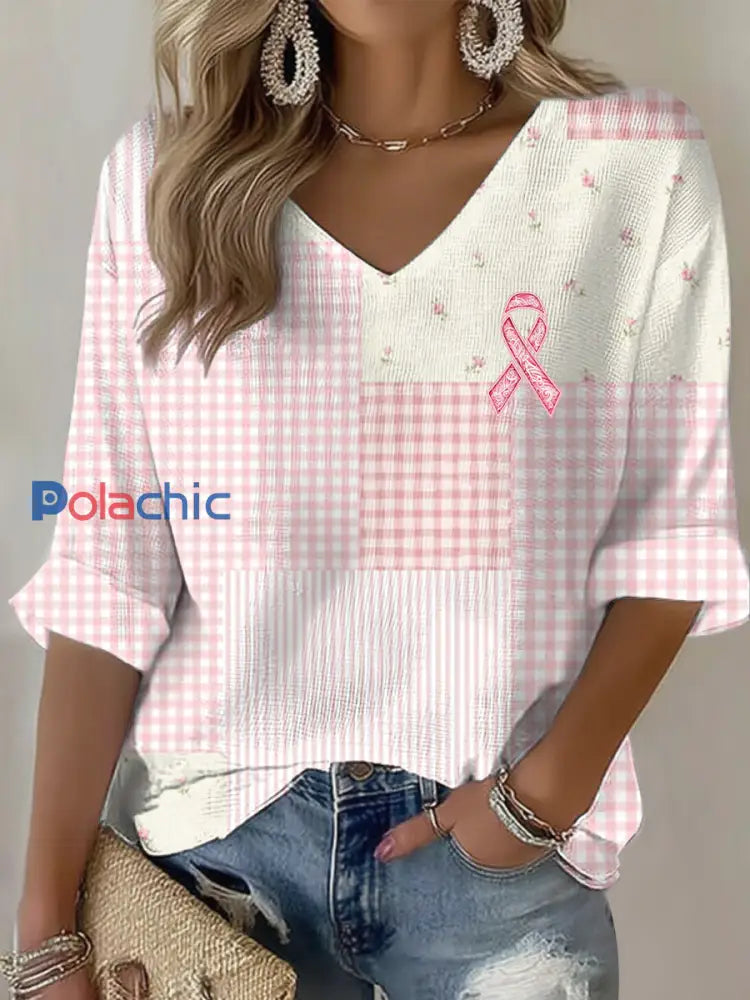T-shirt Décontracté Femme Rose Cancer Du Sein Imprimé comme image / S