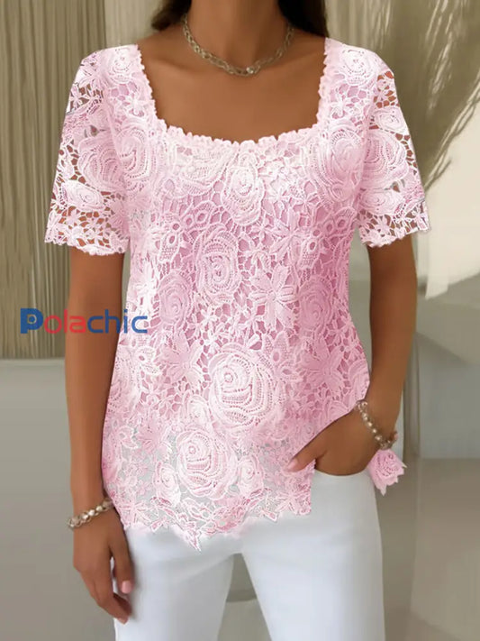 T shirt Décontracté Femme Rose Imprimé Dentelle Rose / S