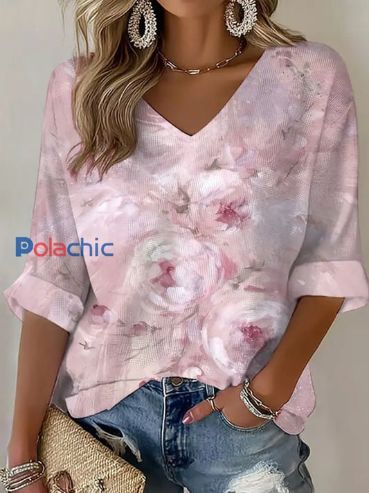 T-shirt Décontracté Femme Rose Imprimé Floral Rose / S
