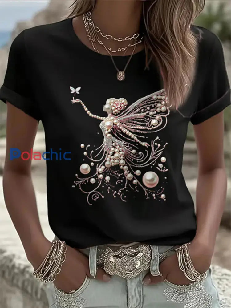 T shirt Décontracté Femme Rose Imprimé Perle Noir / S
