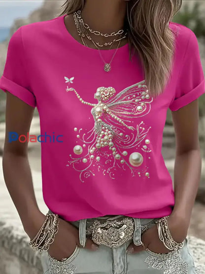 T shirt Décontracté Femme Rose Imprimé Perle Rose Rouge / S