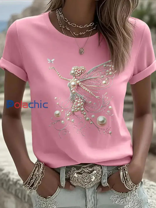 T shirt Décontracté Femme Rose Imprimé Perle Rose / S