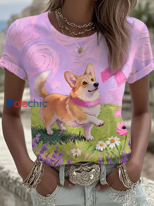 T shirt Décontracté Femme Rose Ruban et Chien Imprimé comme image / S