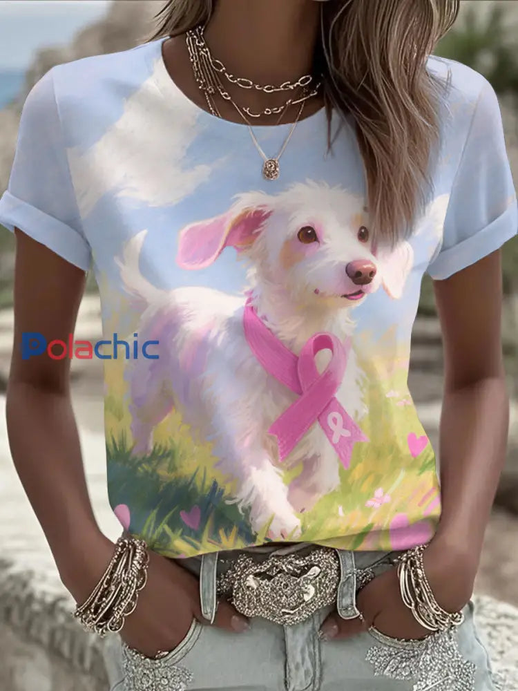 T shirt Décontracté Femme Rose Ruban et Chien Imprimé comme image / S