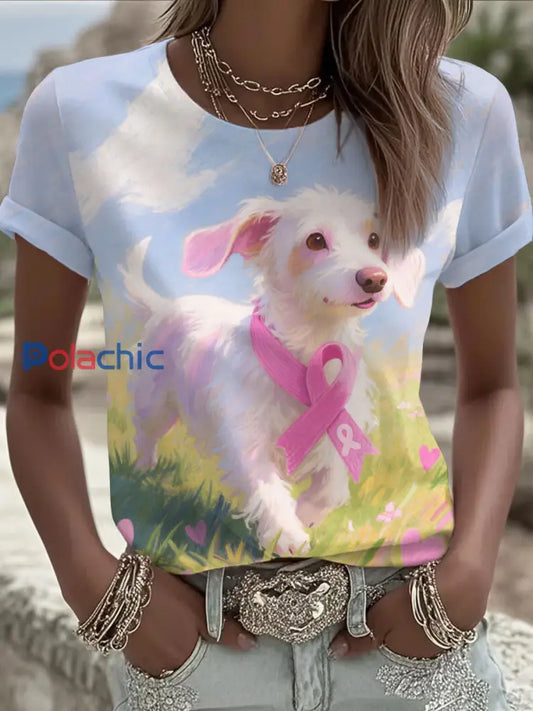 T shirt Décontracté Femme Rose Ruban et Chien Imprimé comme image / S