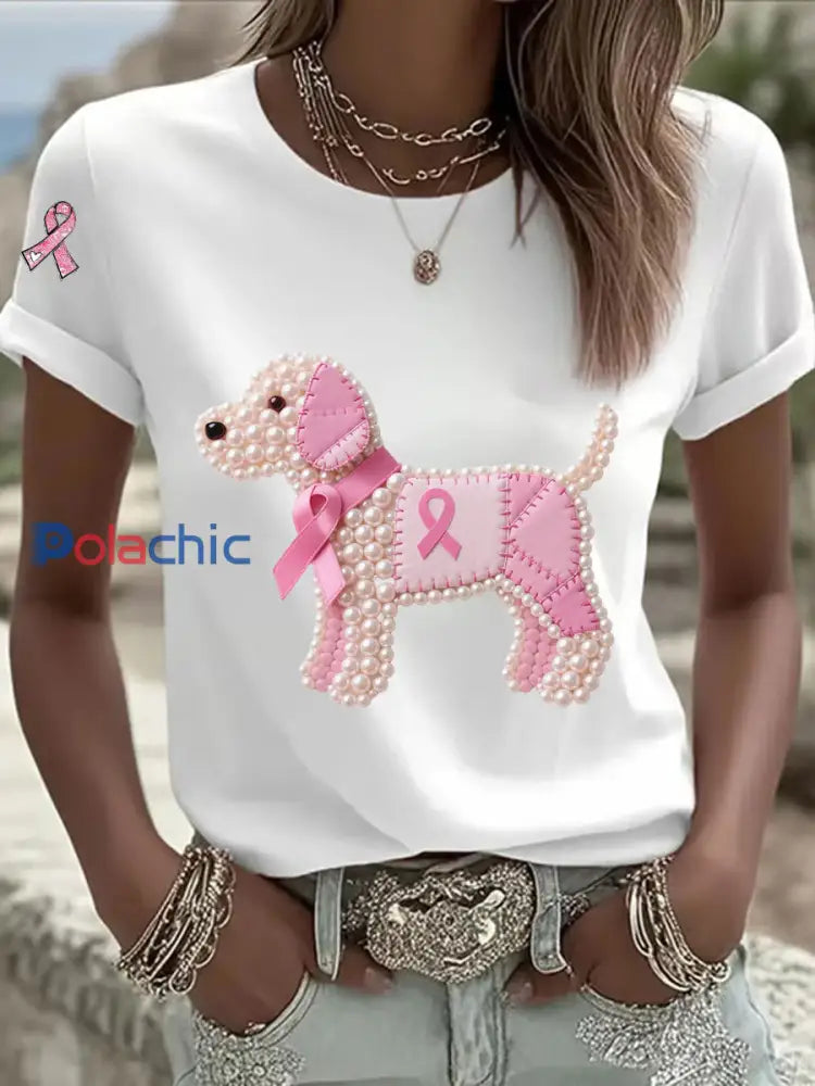 T-shirt Décontracté Femme Ruban Rose Imprimé Chien Perle Blanc / S