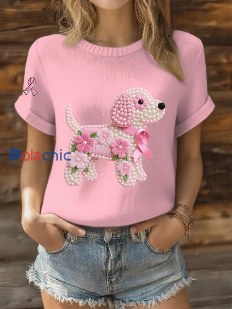 T-shirt Décontracté Femme Ruban Rose Imprimé Chien Perle Rose clair / S