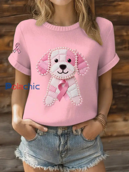 T-shirt Décontracté Femme Ruban Rose Imprimé Chien Perle Rose clair / S