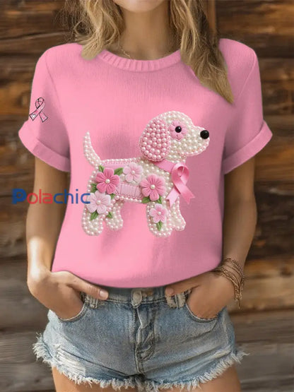 T-shirt Décontracté Femme Ruban Rose Imprimé Chien Perle Rose / S