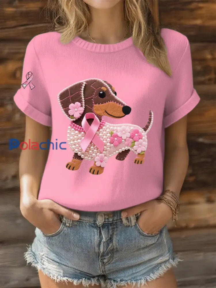 T-shirt Décontracté Femme Ruban Rose Imprimé Chien Perle rose / S