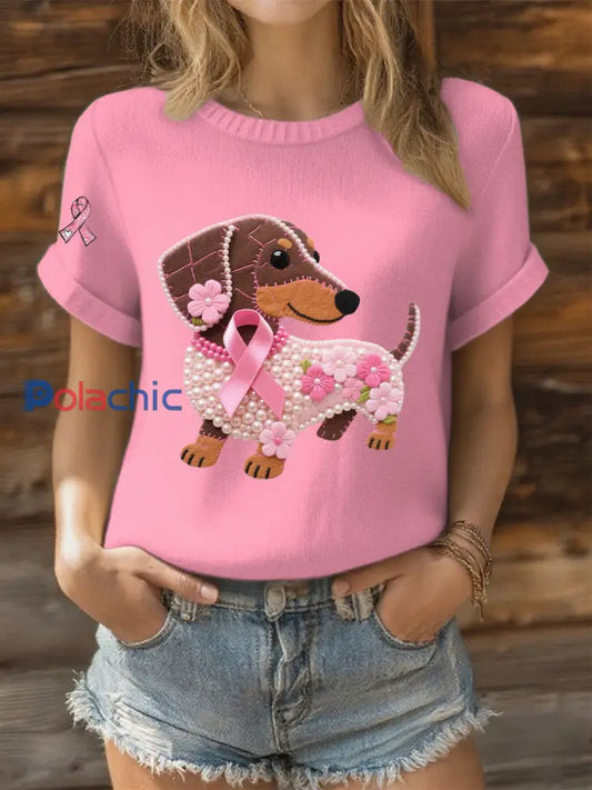 T-shirt Décontracté Femme Ruban Rose Imprimé Chien Perle rose / S