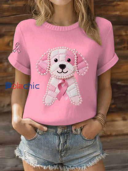 T-shirt Décontracté Femme Ruban Rose Imprimé Chien Perle Rose / S