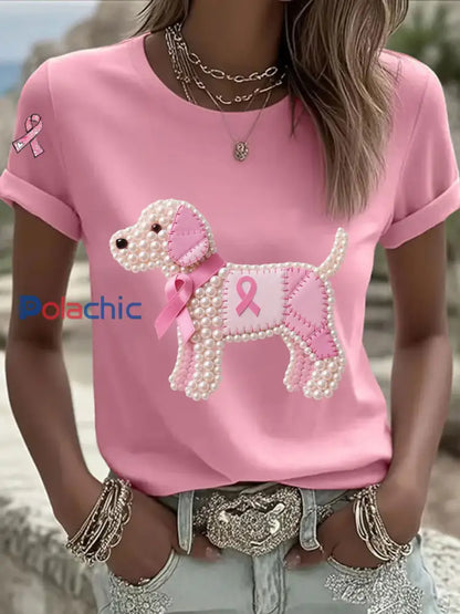 T-shirt Décontracté Femme Ruban Rose Imprimé Chien Perle Rose / S
