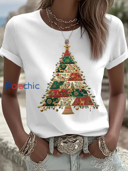 T-shirt décontracté imprimé arbre de Noël pour femmes Blanc / S