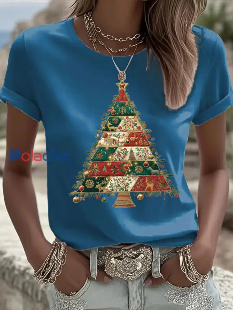 T-shirt décontracté imprimé arbre de Noël pour femmes Bleu / S