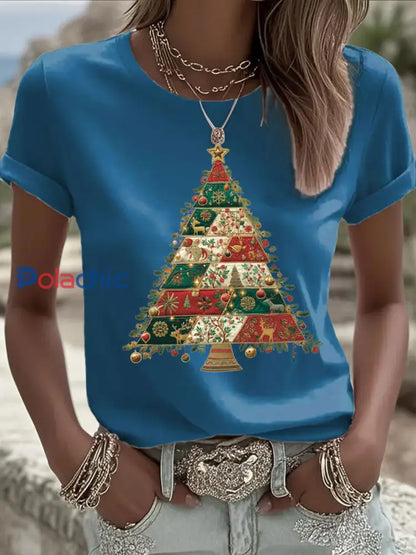 T-shirt décontracté imprimé arbre de Noël pour femmes Bleu / S
