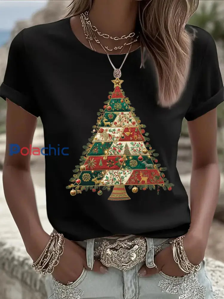 T-shirt décontracté imprimé arbre de Noël pour femmes Noir / S