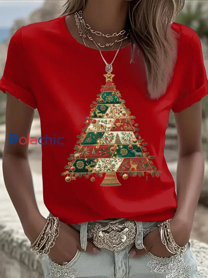 T-shirt décontracté imprimé arbre de Noël pour femmes Rouge / S