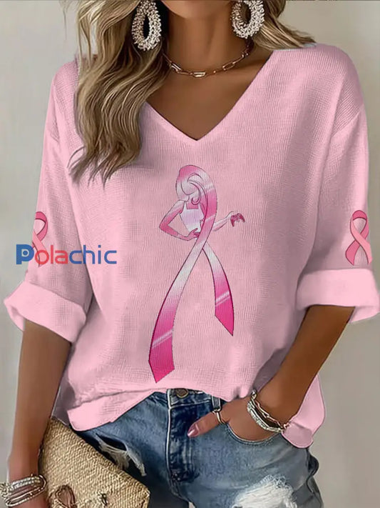 T shirt décontracté imprimé cancer du sein à col en V pour femmes Rose / S