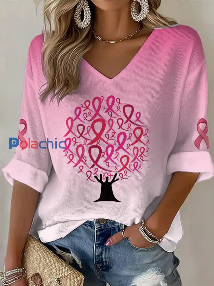 T shirt décontracté imprimé cancer du sein à col en V pour femmes Rose / S