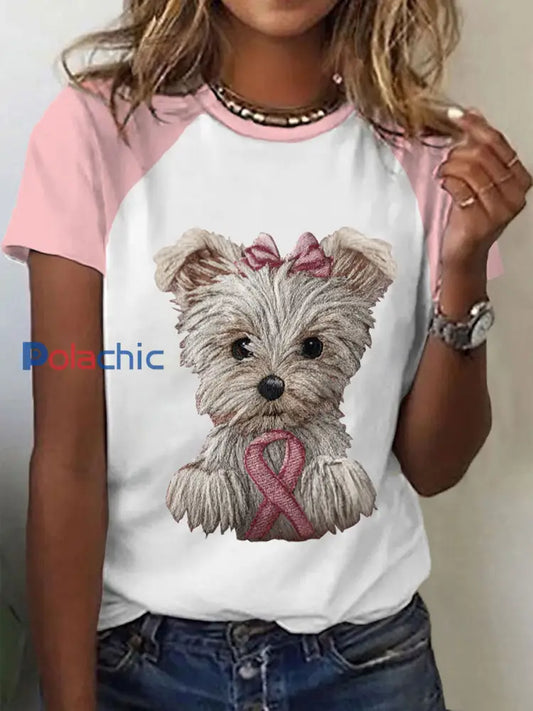 T-shirt décontracté imprimé chien ruban rose cancer du sein pour femmes Rose / S