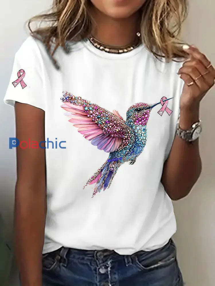 T-shirt décontracté imprimé Colibri de sensibilisation au cancer du sein pour femmes Blanc / S