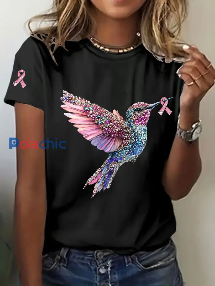 T-shirt décontracté imprimé Colibri de sensibilisation au cancer du sein pour femmes Noir / S