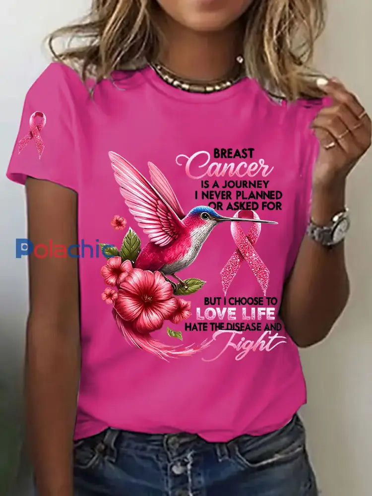 T-shirt décontracté imprimé Colibri de sensibilisation au cancer du sein pour femmes Rose Rouge / S