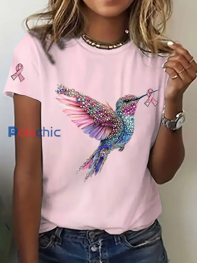 T-shirt décontracté imprimé Colibri de sensibilisation au cancer du sein pour femmes Rose / S