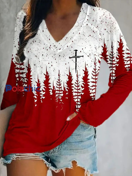 T-shirt décontracté imprimé croix de Noël pour femmes Rouge / S