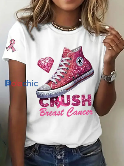 T-shirt décontracté imprimé Crush Breast Cancer pour femmes Blanc / S