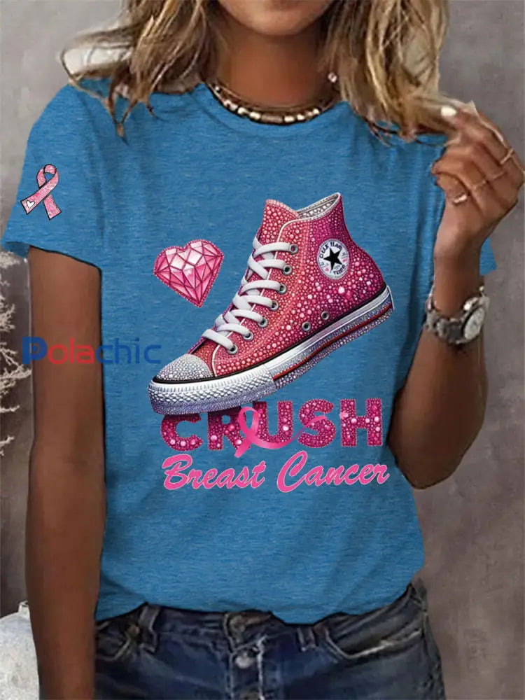 T-shirt décontracté imprimé Crush Breast Cancer pour femmes Bleu / S