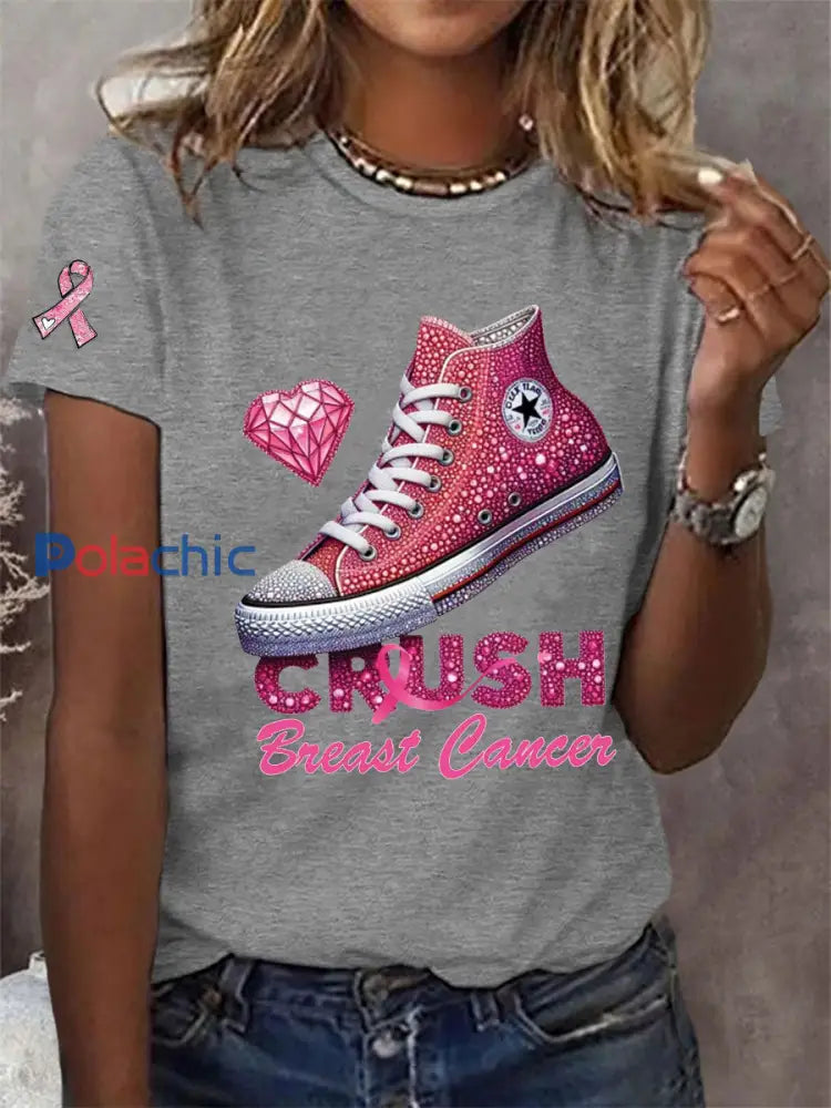 T-shirt décontracté imprimé Crush Breast Cancer pour femmes Gris clair / S