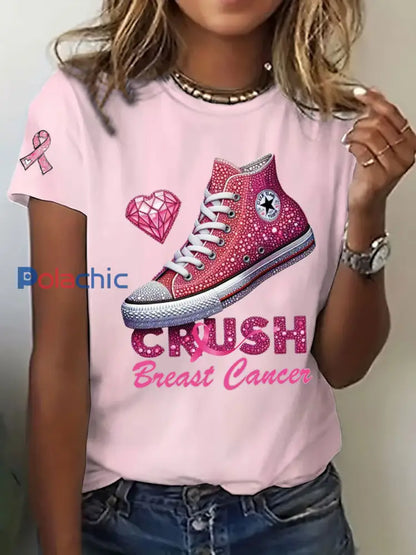 T-shirt décontracté imprimé Crush Breast Cancer pour femmes Rose / S