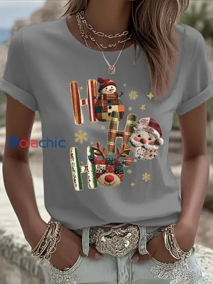 T-shirt décontracté imprimé de Noël pour femmes Gris / S