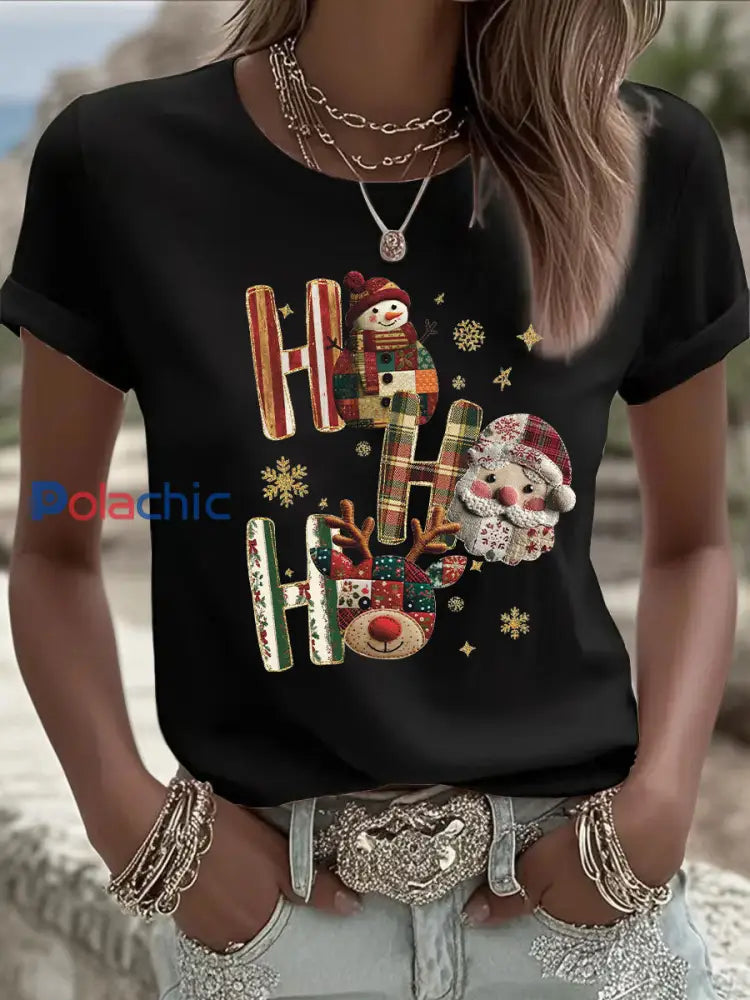 T-shirt décontracté imprimé de Noël pour femmes Noir / S