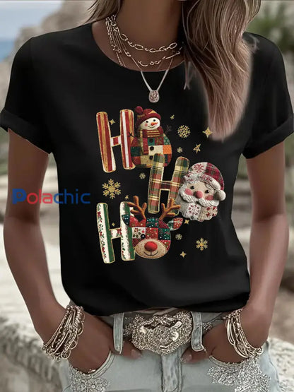 T-shirt décontracté imprimé de Noël pour femmes Noir / S