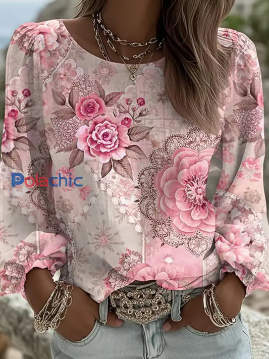 T shirt Décontracté Imprimé Fleur Rose Femme Rose / S