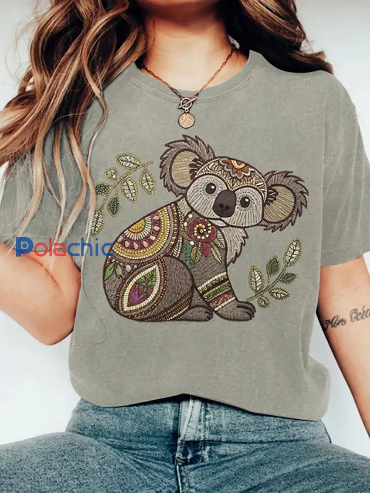 T-shirt décontracté imprimé Koala Femme Gris / S